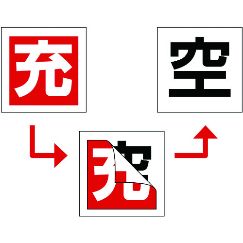 トラスコ中山 緑十字 高圧ガス関係標識 ボンベ充空ステッカー 充(赤)⇒空(白) 札-6 50×50mm 10枚組（ご注文単位1組）【直送品】