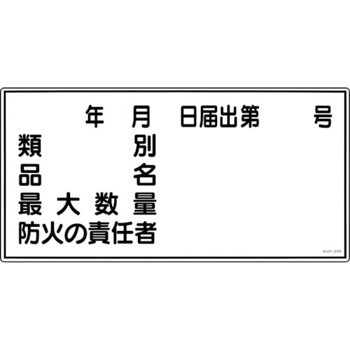 トラスコ中山 緑十字 消防・危険物標識 類別・品名・防火の責任者 KHY-31R 300×600mm エンビ（ご注文単位1枚）【直送品】