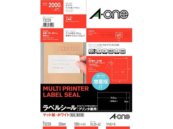 エーワン ラベルシール A4 20面 100枚 73220 1冊（ご注文単位1冊)【直送品】