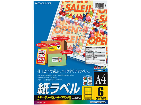 コクヨ カラーLBP&PPC用 紙ラベルA4 6面100枚 LBP-F7166-100N 1冊（ご注文単位1冊)【直送品】