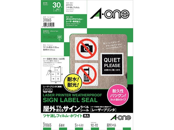 エーワン 屋外用レーザーラベル ツヤ消しホワイト A4 6面 5枚 31065 1冊（ご注文単位1冊)【直送品】