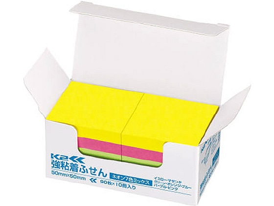 コクヨ 強粘着ふせん〈K2〉 50×50 7色ミックス ネオン10冊 1箱（ご注文単位1箱)【直送品】