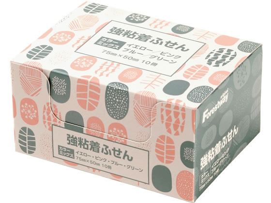 Forestway 強粘着ふせん 75×50 4色ミックス 10冊 1箱（ご注文単位1箱)【直送品】