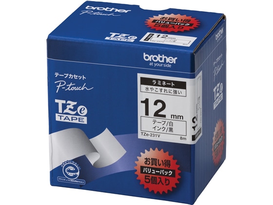 ブラザー ラベルプリンター用ラミネートテープ12mm白 黒文字(5個入) 1箱（ご注文単位1箱)【直送品】