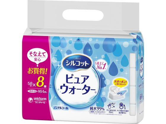 ユニ・チャーム シルコット ピュアウォーターウェットティッシュ 詰替 58枚×8個 1パック（ご注文単位1パック)【直送品】