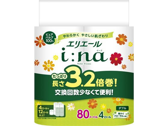 大王製紙 エリエール イーナ トイレットティシュー 3.2倍巻 ダブル 4ロール 1パック（ご注文単位1パック)【直送品】