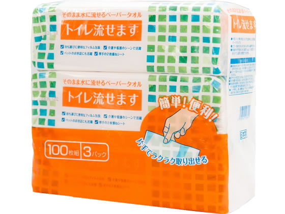 マスコー製紙 ペーパータオル トイレ流せます 100組 3個 456680 1パック（ご注文単位1パック)【直送品】