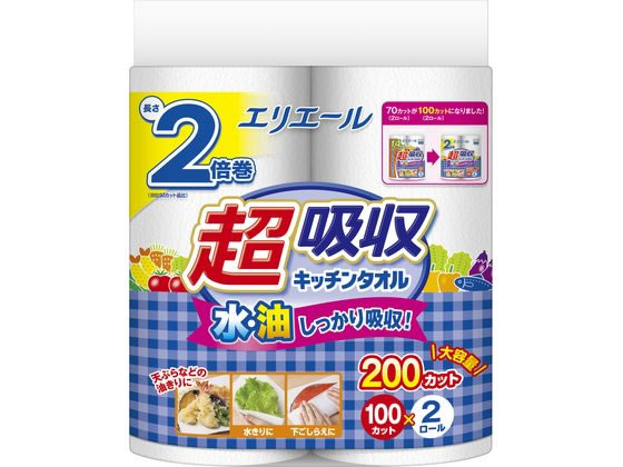 大王製紙 エリエール 超吸収キッチンタオル 100カット 2ロール 1パック（ご注文単位1パック）【直送品】