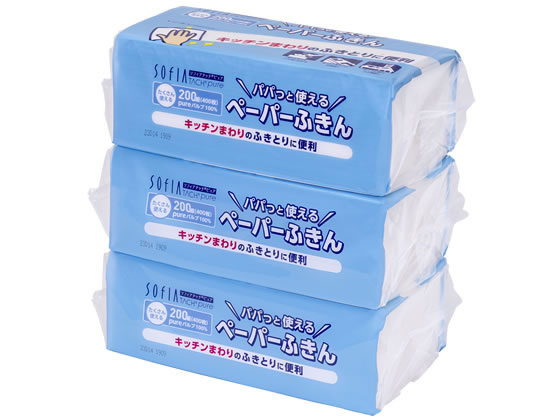 マスコー製紙 パパッと使える ペーパーふきん 200組 3個 1パック（ご注文単位1パック）【直送品】