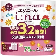 大王製紙 エリエール i：na(イーナ)トイレットティシュー 3.2倍巻 フラワープリント ダブル 芯あり 75m 4ロール/袋（ご注文単位1袋）【直送品】