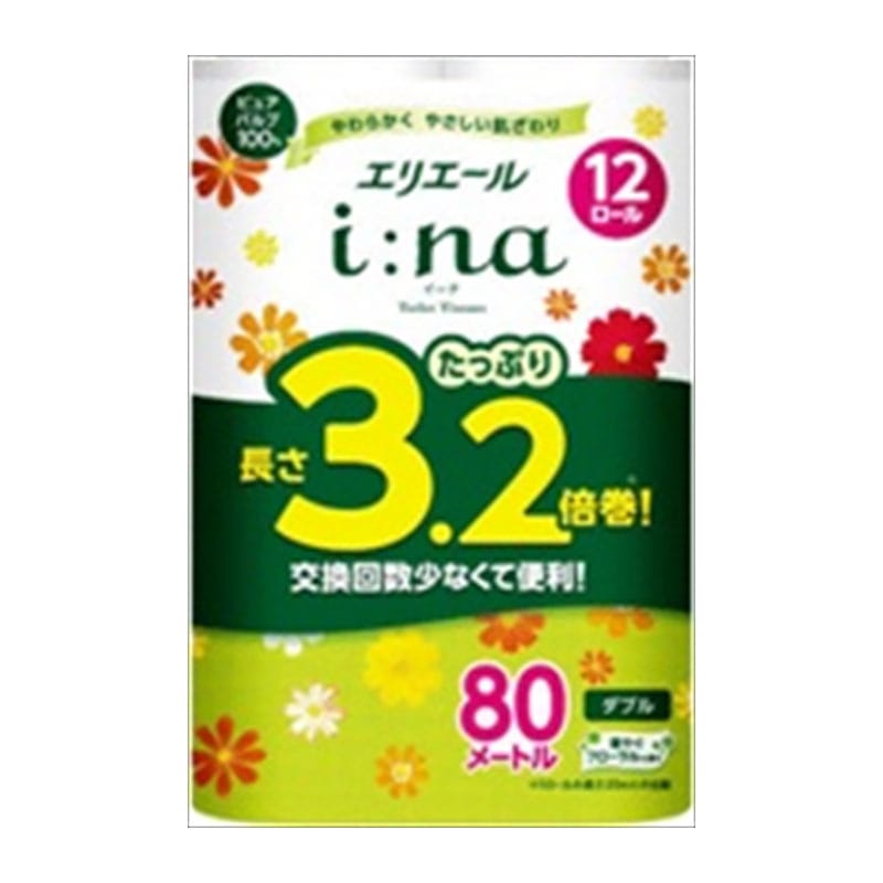 大王製紙　エリエール　イーナ　トイレットティシュー　3.2倍巻　ダブル　12ロール 1パック（ご注文単位4パック）【直送品】