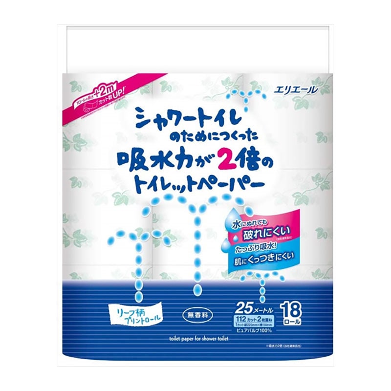 大王製紙　エリエール　シャワートイレのためにつくった吸水力が2倍のトイレットペーパー　ダブル　18ロール 1パック（ご注文単位4パック）【直送品】