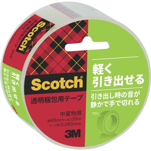 トラスコ中山 3M スコッチ 透明梱包用テープ3852K 手でまっすぐ切れる 音が静かタイプ 48mmX35m（ご注文単位1巻）【直送品】