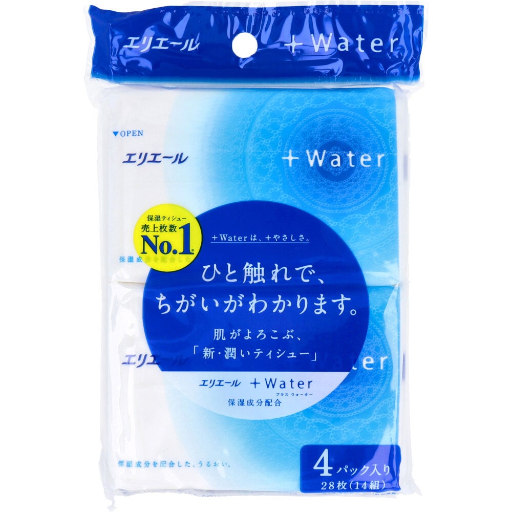 大王製紙　エリエール +Water(プラスウォーター)ポケットティシュー 28枚(14組)×4個入　1パック（ご注文単位1パック）【直送品】