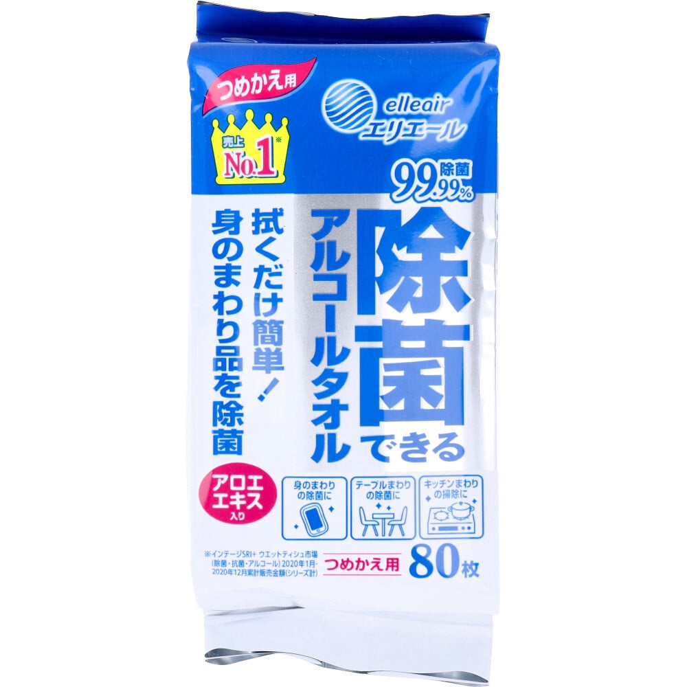 大王製紙　エリエール 除菌できるアルコールタオル アロエエキス入 つめかえ用 80枚入　1パック（ご注文単位1パック）【直送品】