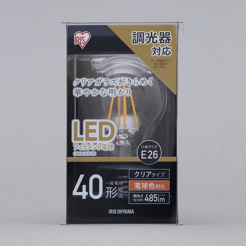 アイリスオーヤマ LEDフィラメント電球　E26口金　全方向タイプ クリア　調光器対応　40形　電球色 LDA4L-G／D-FC 1個（ご注文単位1個）【直送品】