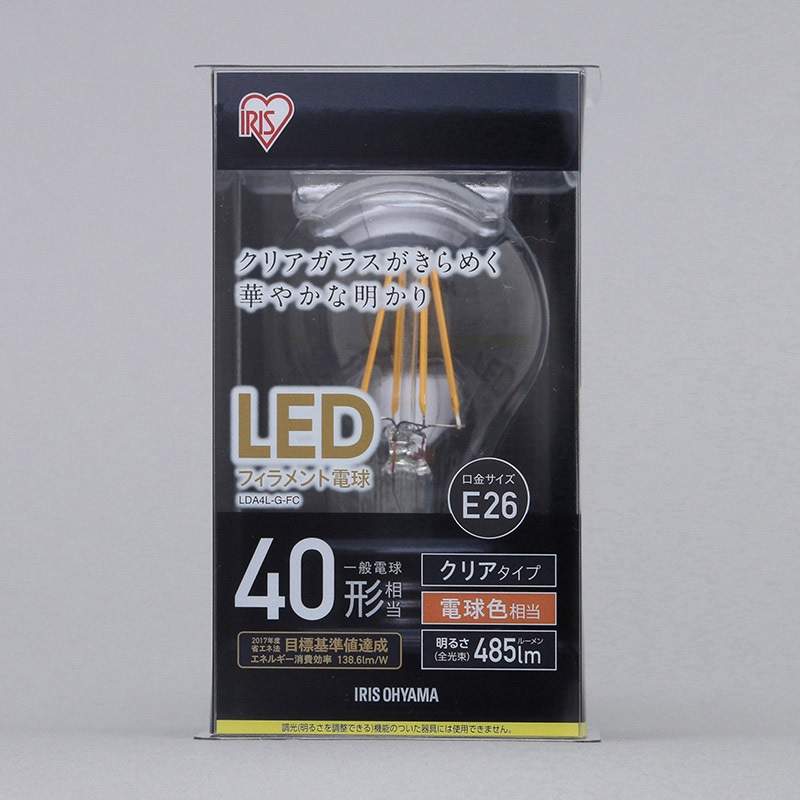 アイリスオーヤマ LEDフィラメント電球　E26口金　全方向タイプ クリア　40形　電球色 LDA4L-G-FC 1個（ご注文単位1個）【直送品】