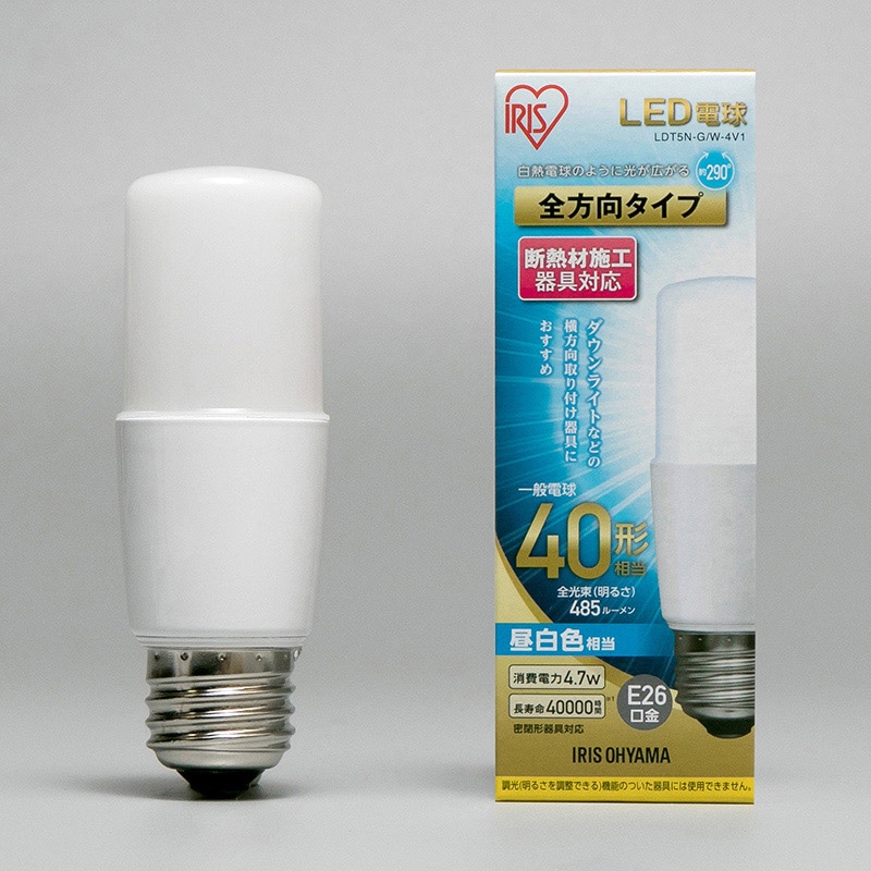 アイリスオーヤマ LED電球　E26口金　全方向タイプ　T形 40形　昼白色 LDT5N-G／W-4V1 1個（ご注文単位1個）【直送品】