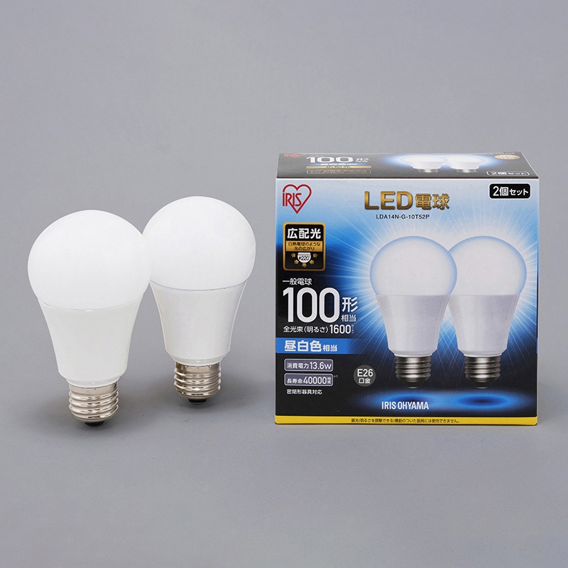 アイリスオーヤマ LED電球　E26口金　広配光タイプ　2個セット 100形　昼白色 LDA14N-G-10T52P 1箱（ご注文単位1箱）【直送品】