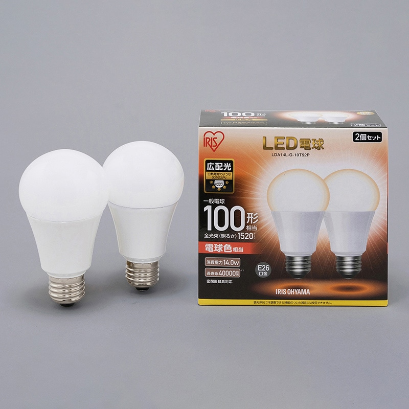 アイリスオーヤマ LED電球　E26口金　広配光タイプ　2個セット 100形　電球色 LDA14L-G-10T52P 1箱（ご注文単位1箱）【直送品】