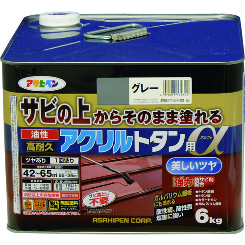 トラスコ中山 アサヒペン 油性高耐久アクリルトタン用α 6kg グレー（ご注文単位1缶）【直送品】