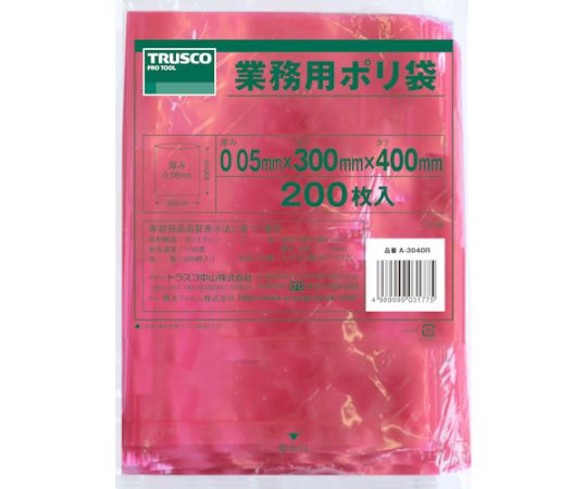 トラスコ中山 小型ポリ袋　縦400X横300Xt0.05　赤（200枚入）　A-3040R 1袋（ご注文単位1袋）【直送品】