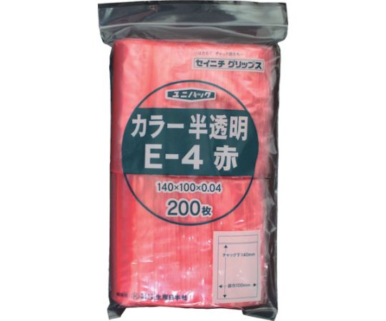 生産日本社（セイニチ） チャック付ポリ袋 ユニパック E-4 半透明赤 縦140×横100×厚さ0.04mm 200枚入　E-4-CR 1袋（ご注文単位1袋）【直送品】