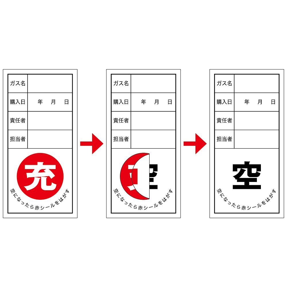 日本緑十字社 高圧ガス関係標識 ボンベ充空ステッカー 充（赤）⇒空（黒） 札-12 1組（10枚入）　042012 1組（ご注文単位1組）【直送品】