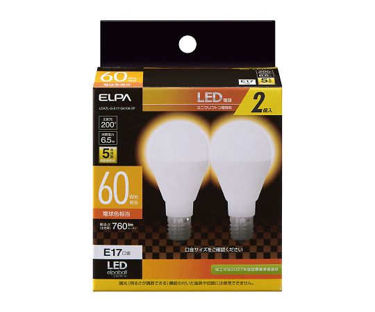 ELPA LED電球 ミニクリプトン形 1セット（2個入）　LDA7L-G-E17-G4106-2P 1セット（ご注文単位1セット）【直送品】