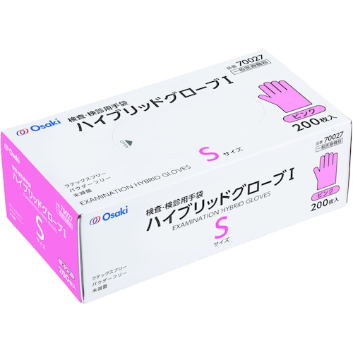 トラスコ中山 オオサキメディカル ハイブリッドグローブI S ピンク 200枚入（ご注文単位1箱）【直送品】