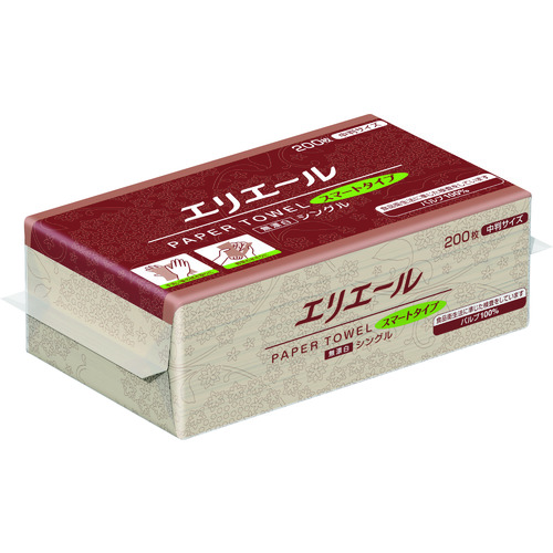 トラスコ中山 エリエール ペーパータオルスマートタイプ無漂白シングル200枚中判（ご注文単位1ケース）【直送品】