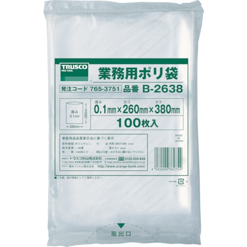 トラスコ中山 TRUSCO 厚手ポリ袋 縦380X横260Xt0.1 透明 (100枚入)（ご注文単位1袋）【直送品】