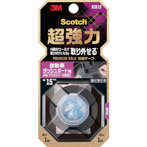 トラスコ中山 3M スコッチ 超強力両面テープ プレミアゴールド 自動車ダッシュボード用 15mm×1m（ご注文単位1巻）【直送品】