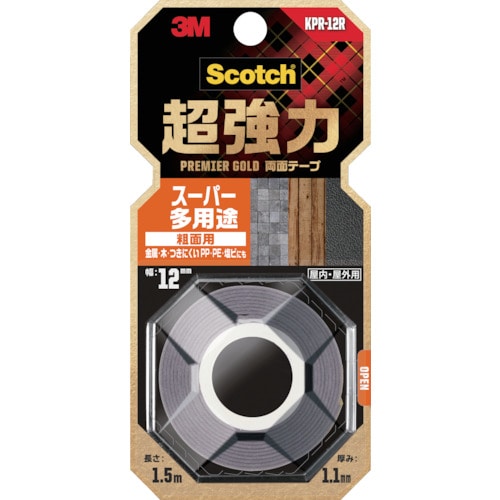 トラスコ中山 3M スコッチ 超強力両面テープ プレミアゴールド スーパー多用途 粗面用 12mm×1.5m（ご注文単位1巻）【直送品】