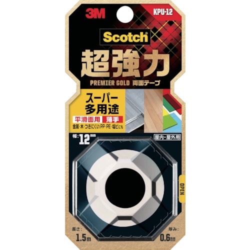 トラスコ中山 3M スコッチ 超強力両面テープ プレミアゴールド スーパー多用途 薄手 12mm×1.5m（ご注文単位1巻）【直送品】