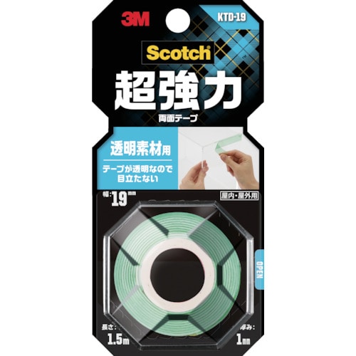 トラスコ中山 3M スコッチ 超強力両面テープ 透明素材用 19mm×1.5m（ご注文単位1巻）【直送品】