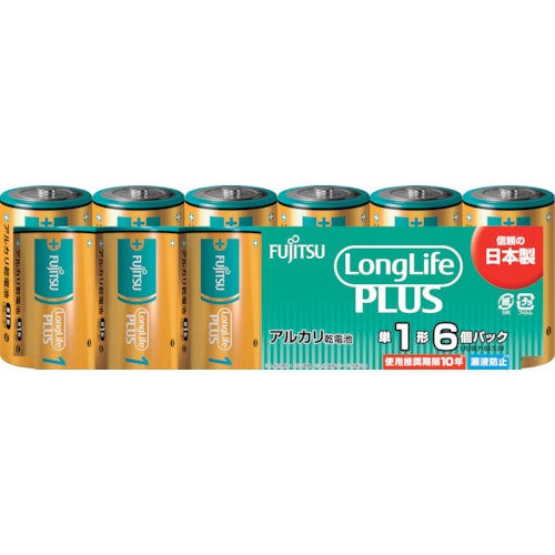 トラスコ中山 富士通 アルカリ乾電池単1 Long Life Plus 6個パック（ご注文単位1パック）【直送品】