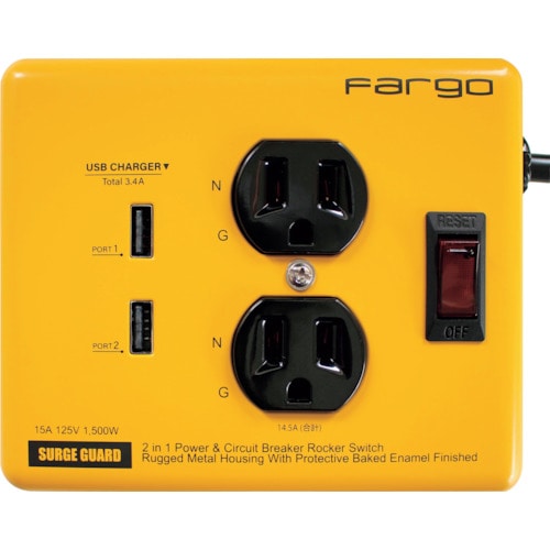 トラスコ中山 Fargo スチールタップ AC2個口 3.4A USB 2ポート イエロー（ご注文単位1個）【直送品】