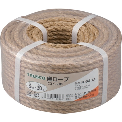 トラスコ中山 TRUSCO 麻ロープ 3つ打 線径6mmX長さ30m（ご注文単位1巻）【直送品】