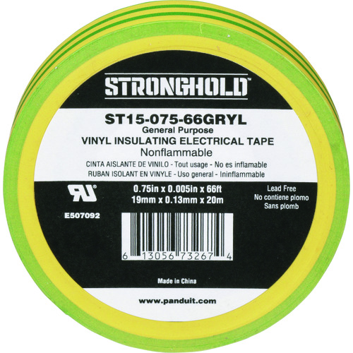 トラスコ中山 ストロングホールド StrongHoldビニールテープ 一般用途用 イエロー/グリーン 幅19.1mm 長さ20m ST15-075-66GRYL（ご注文単位1袋）【直送品】