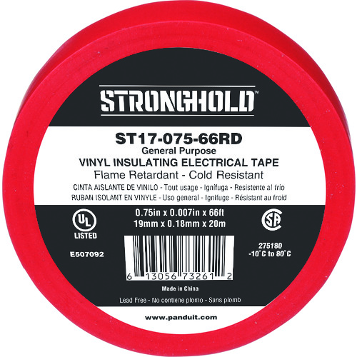 トラスコ中山 ストロングホールド StrongHoldビニールテープ 一般用途用 赤 幅19.1mm 長さ20m ST17-075-66RD（ご注文単位1袋）【直送品】