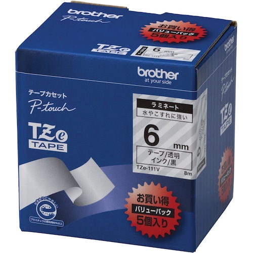 トラスコ中山 ブラザー Tzeテープ 黒文字/透明テープ/6mm (お徳用パック5個入)（ご注文単位1箱）【直送品】