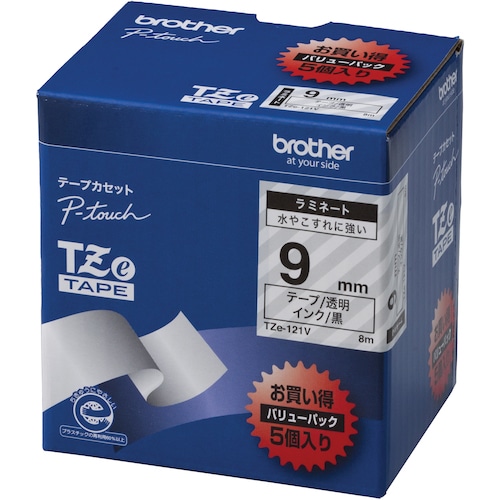 トラスコ中山 ブラザー Tzeテープ 黒文字／透明テープ ／9mm （お徳用パック5個入） 580-6939  (ご注文単位1箱) 【直送品】