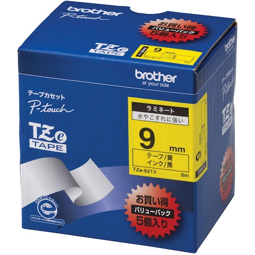 トラスコ中山 ブラザー Tzeテープ 黒文字/黄地/9mm (お徳用パック5個入)（ご注文単位1箱）【直送品】