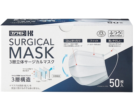 カワモト(川本産業) 3層立体サージカルマスク 50枚入 1箱(ご注文単位1箱)【直送品】