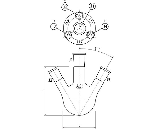 旭製作所 四ツ口フラスコ 100mL 29/42・15/25 3112-100-5L1L 1個(ご注文単位1個)【直送品】