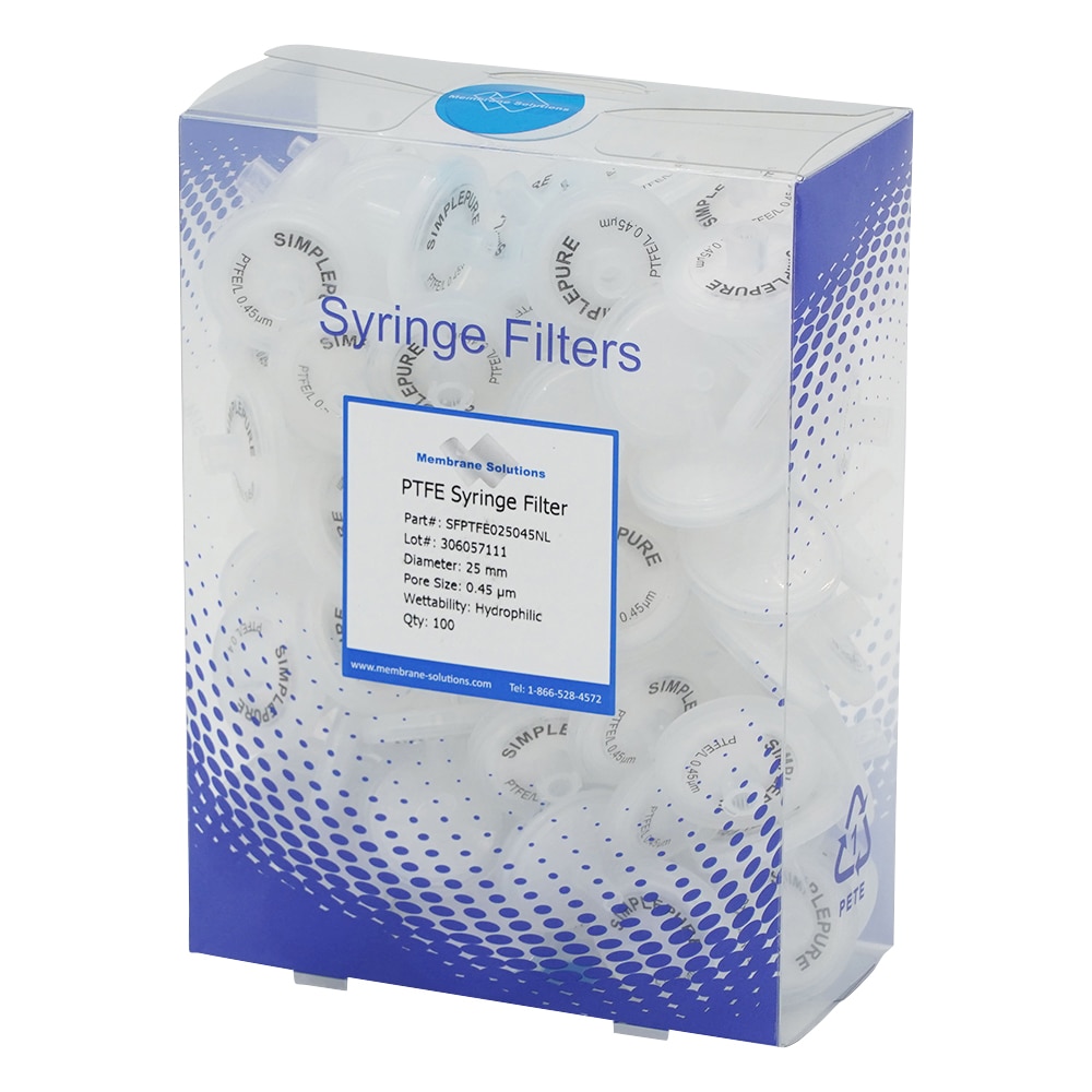 Membrane Solutions シリンジフィルター(親水性)PTFE φ25mm/φ0.45μm 1箱(100個入) PTFE025045L 1箱(ご注文単位1箱)【直送品】