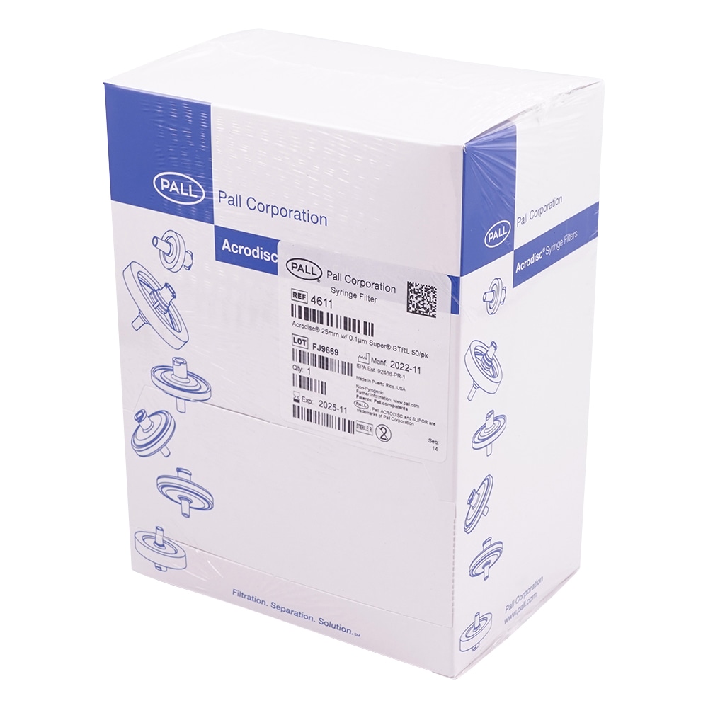 PALL(日本ポール) 滅菌シリンジフィルター(スーポア(R)アクロディスク) φ25mm/0.1μm 1箱(50個入) 4611 1箱(ご注文単位1箱)【直送品】