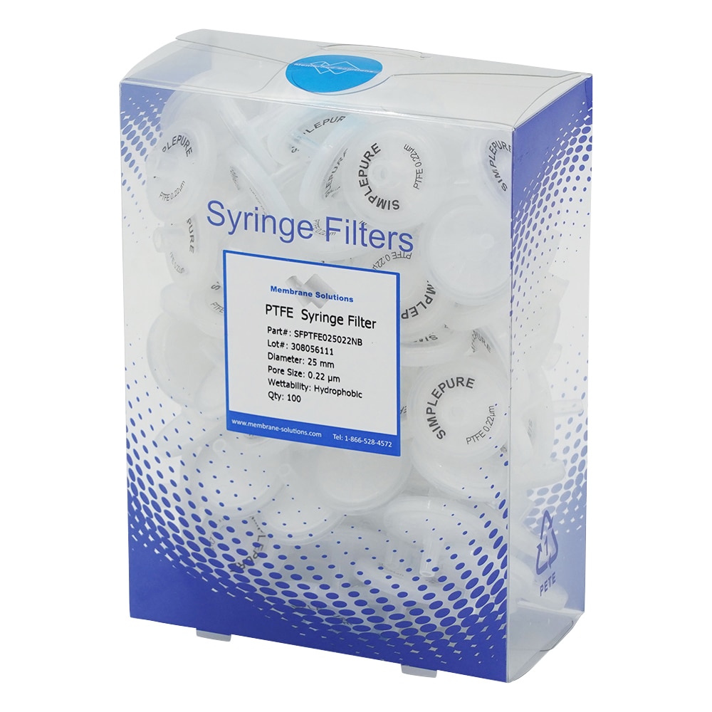 Membrane Solutions シリンジフィルター(疎水性)PTFE φ25mm/φ0.22μm 1箱(100個入) PTFE025022 1箱(ご注文単位1箱)【直送品】