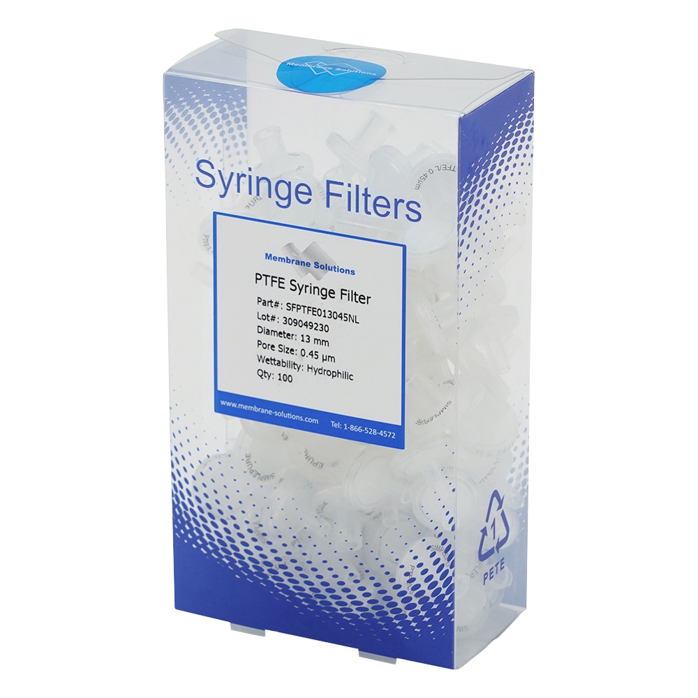 Membrane Solutions シリンジフィルター(親水性)PTFE φ13mm/φ0.45μm 1箱(100個入) PTFE013045L 1箱(ご注文単位1箱)【直送品】
